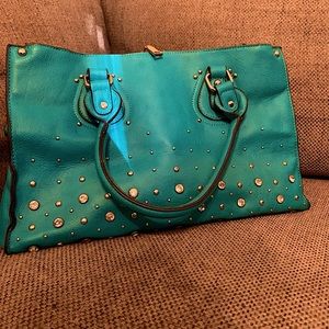 Teal, metal and rhinestone purse